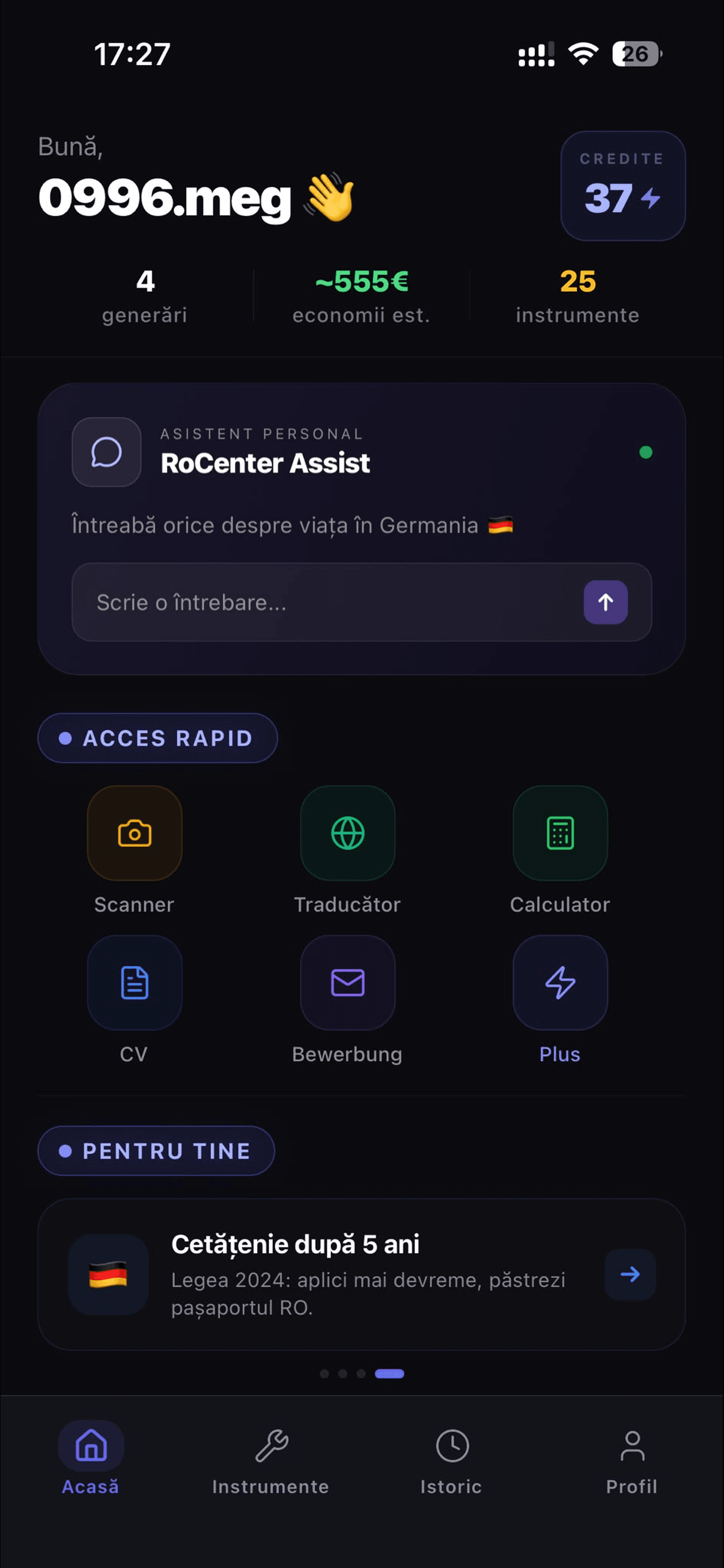 Ecranul principal al aplicației RoCenter Assist